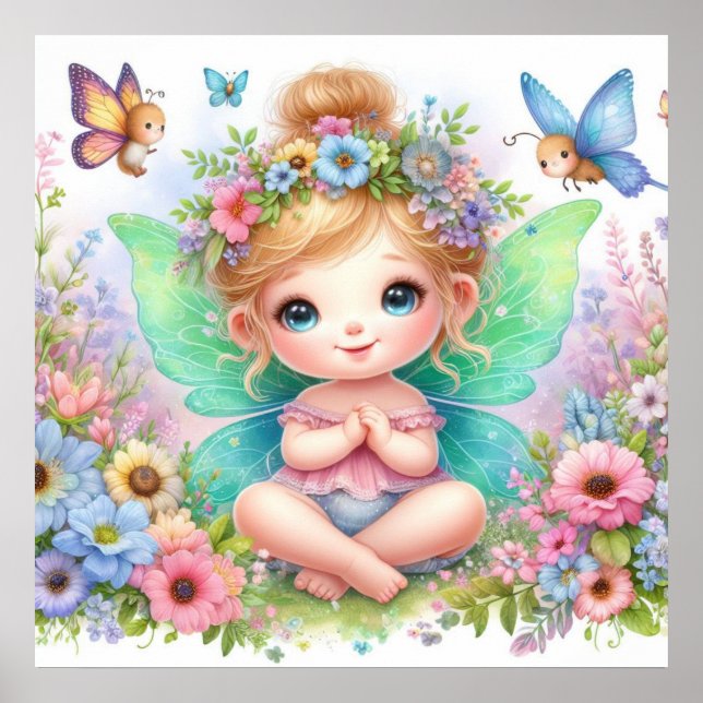 Affiche Fée et fleurs au pays des fées pastel aquarelle  (Devant)