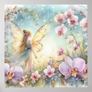 Affiche Fée et fleurs aux couleurs pastel aquarelle