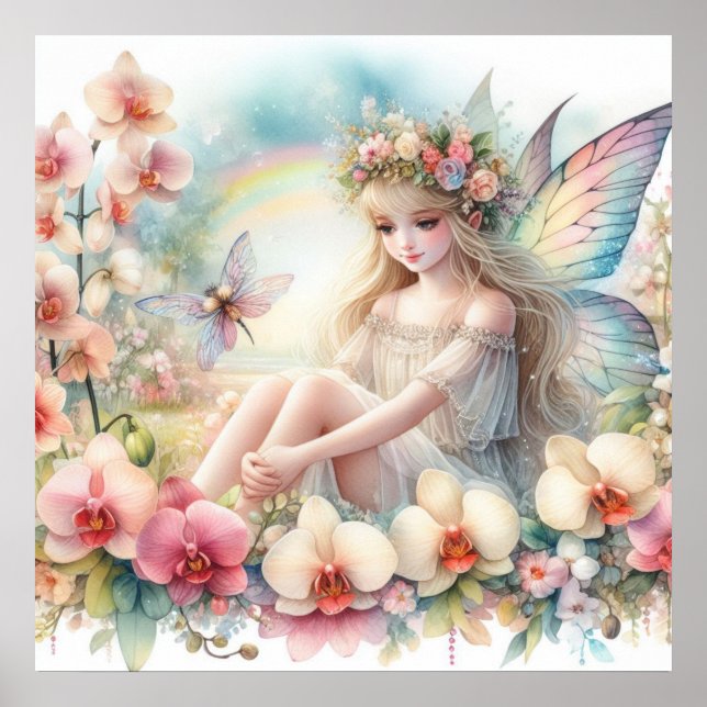 Affiche Fée et fleurs aux couleurs pastel aquarelle  (Devant)