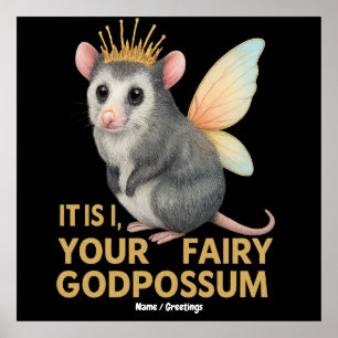Affiche Fée Godpossum Cute Opossum avec Couronne et ailes