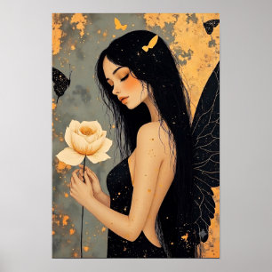 Affiche Fée gothique avec des ailes blanches et une rose  