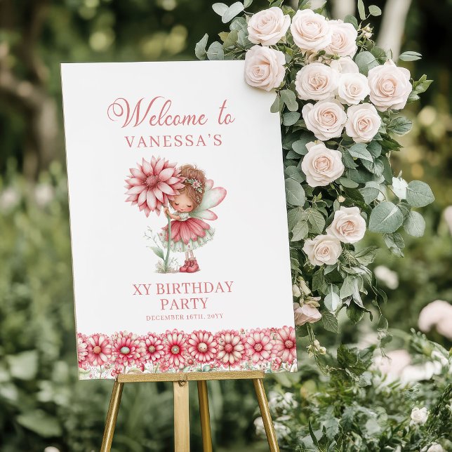 Affiche Fée Mignonne Capricieuse Rose Gêné 1er Anniversair (Whimsical Cute Fairy Blush Pink 1st Birthday Welcome Sign)