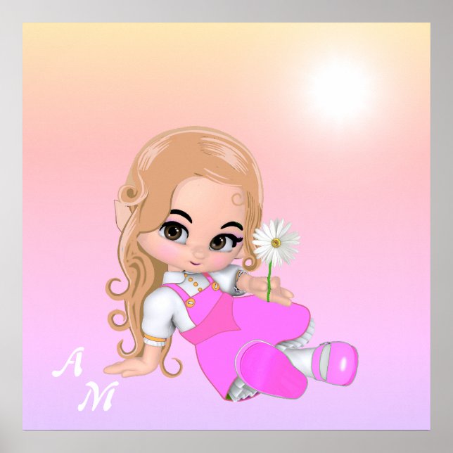 Affiche Fée mignonne et monogramme sur les tons roses (Devant)