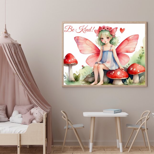 Affiche Fée rose rouge avec champignons Soyez gentil Citat (Créateur téléchargé)