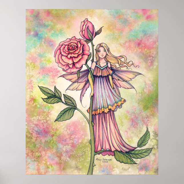 Affiche Fée Rose Rougeoyante avec Roses Roses Art (Devant)