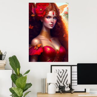 Affiche Fée rouge de fantaisie Fleurs rouges