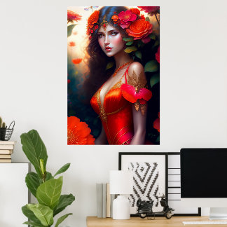Affiche Fée rouge de fantaisie Fleurs rouges