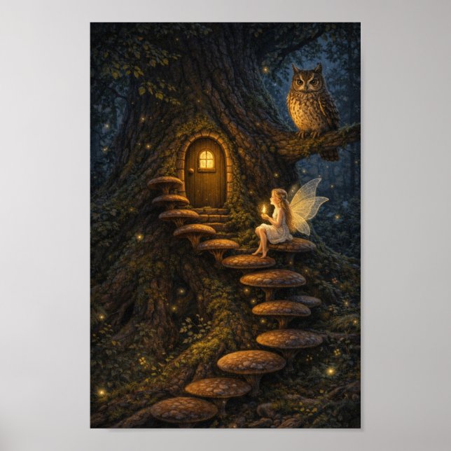 Affiche Fée sur un escalier de champignons-Maison enchanté (Devant)