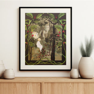 Affiche Fée vintage dans la forêt de fées avec château