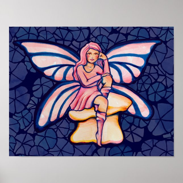 Affiche Fées d'aquarelle de champignons roses Fées (Devant)