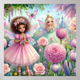 Affiche Fées et fleurs en terre fée pastel aquarelle paste