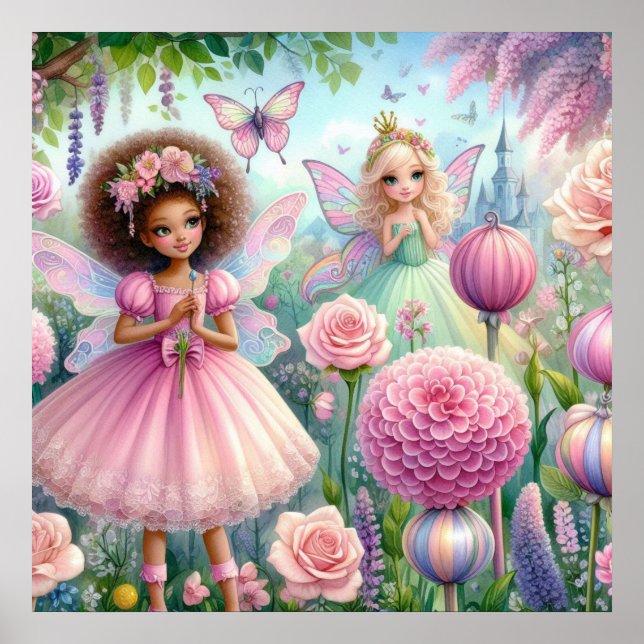 Affiche Fées et fleurs en terre fée pastel aquarelle paste (Devant)