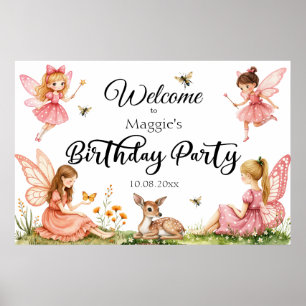 Affiche Fées roses Woodland Deer Birday Party Bienvenue