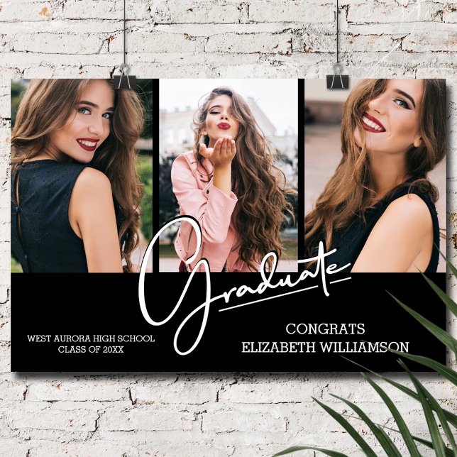 Affiche Félicitations à l'obtention du diplôme Black Moder (Graduation Congratulations 3 Photos on Black Poster, INSTANT DOWNLOAD and/or POSTER)