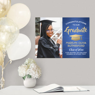 Affiche Félicitations Grand Photo Brossé Bleu & Or Graduat