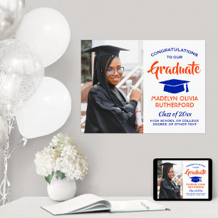 Affiche Félicitations Photo Orange Bleu et Blanc Graduatio