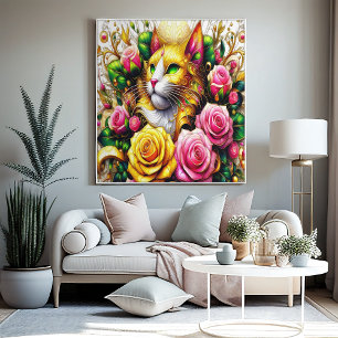 Affiche Feline au milieu d'une floraison vibrante 24x18
