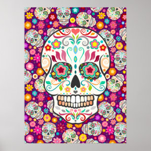 Affiche Feliz Muertos - Crânes de sucre festif sur violet