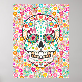 Affiche Feliz Muertos - Crânes de sucre sur blanc