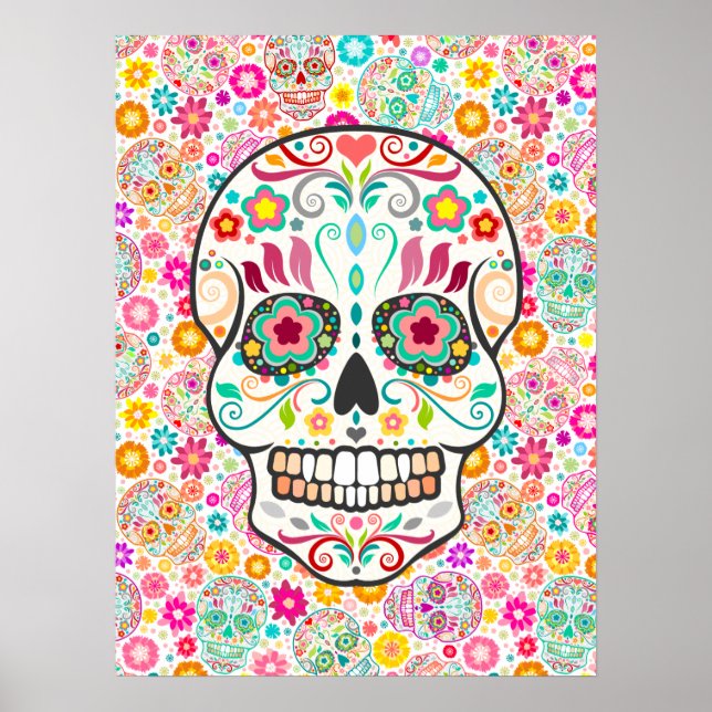 Affiche Feliz Muertos - Crânes de sucre sur blanc (Devant)