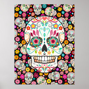 Affiche Feliz Muertos - Crânes de sucre sur Noir