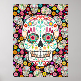 Affiche Feliz Muertos - Crânes de sucre sur Noir