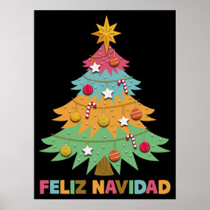 Affiche Feliz Navidad Colorée Arbre de Noël espagnol