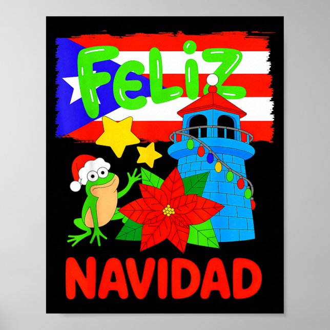 Affiche Feliz Navidad Puerto Rico Flag Floral Frog Boricua (Devant)