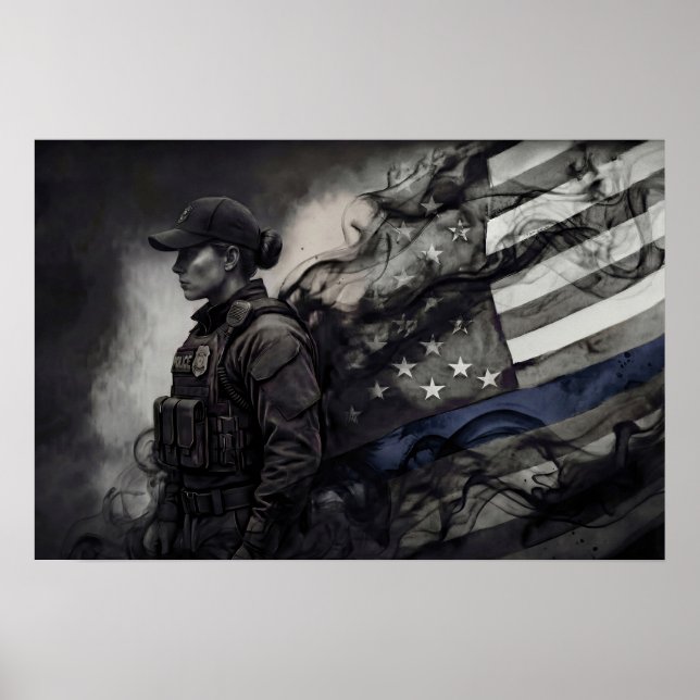 Affiche Female Police Tribute Blue Line American Flag LEO (Devant)