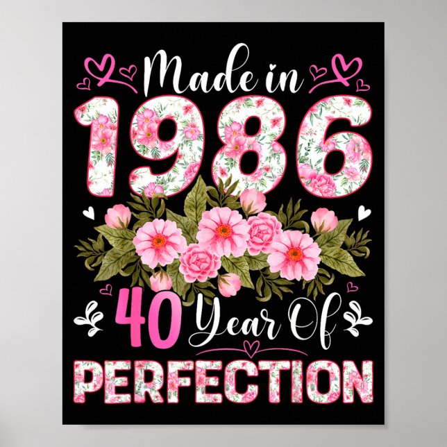 Affiche Femme 40 Ans Fabriquée En 1986 Florale 40e Anniver (Devant)