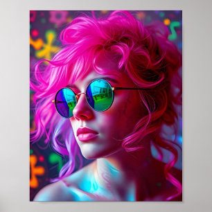 Affiche Femme à cheveux roses avec lunettes réfléchissante