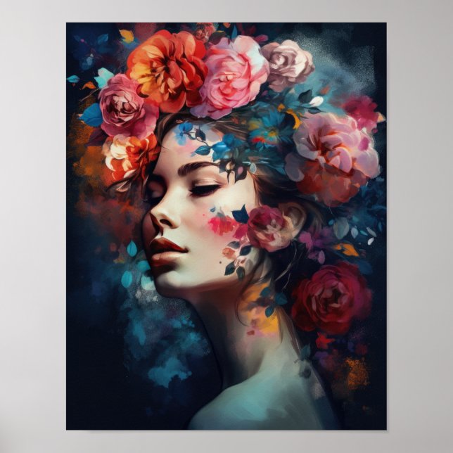 Affiche Femme à l'affiche d'art de tête de fleurs (Devant)