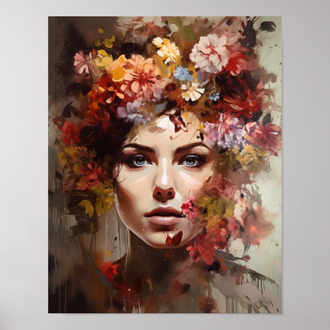 Affiche Femme à l'affiche d'art imprimé de tête de fleur (Devant)