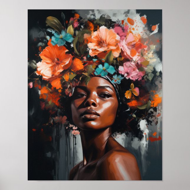 Affiche Femme à l'affiche d'art imprimé de tête de fleur (Devant)