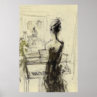 Affiche Femme à Piano Sketch -
