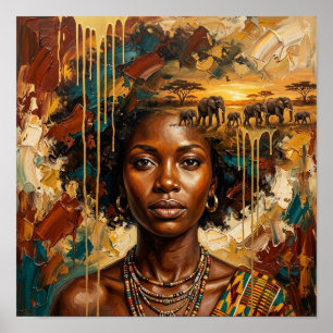 Affiche Femme africaine éléphant coucher de soleil,Art mur