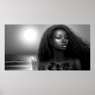 Affiche femme afro-américaine clair de lune plage monochro