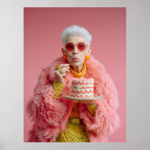 Affiche Femme âgée élégante mangeant du gâteau dans la mod