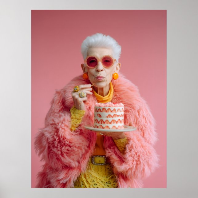 Affiche Femme âgée élégante mangeant du gâteau dans la mod (Devant)
