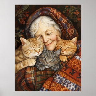 Affiche Femme Âgée Embrasser Trois Chats Cosy