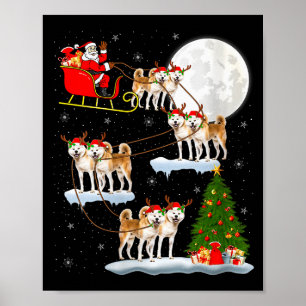 Affiche Femme Akita Chien Père Noël Traîneau Volant Drôle 
