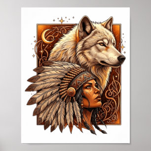 Affiche Femme amérindienne indienne avec Vitag loup blanc