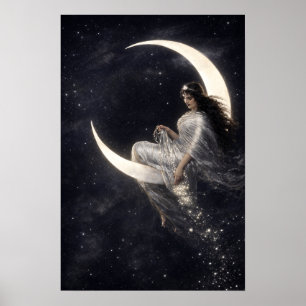 Affiche Femme Art Nouveau céleste sur croissant de lune
