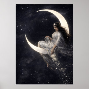 Affiche Femme Art Nouveau céleste sur croissant de lune