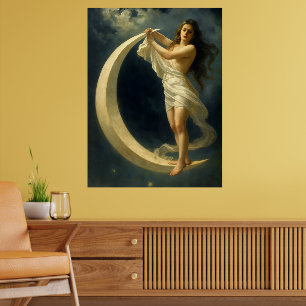 Affiche Femme Art Nouveau chevauchant un croissant de lune