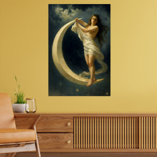 Affiche Femme Art Nouveau chevauchant un croissant de lune