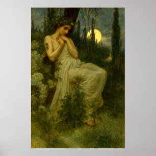 Affiche Femme Art Nouveau dans un jardin sous une lune de