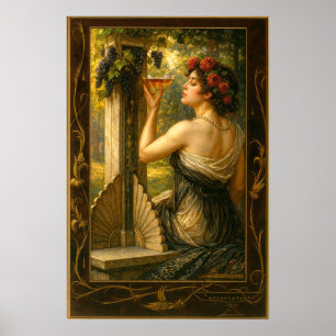 Affiche Femme Art Nouveau dans un vignoble avec du vin