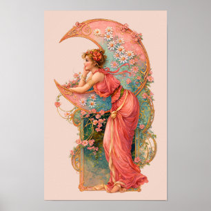 Affiche Femme Art Nouveau Rétro & Croissant de Lune