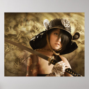 Affiche Femme asiatique habillée comme samouraïs